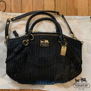 COACH Madison Sophia Black Gathered Leather Hand Shoulder Bag. Gold Hardware.